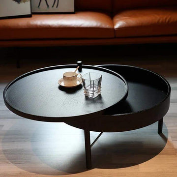 Modern Round Wood Rotating Tray Coffee Table with Storage & Metal Legs in Black-Richsoul-Coffee Tables,Furniture,Living Room Furniture